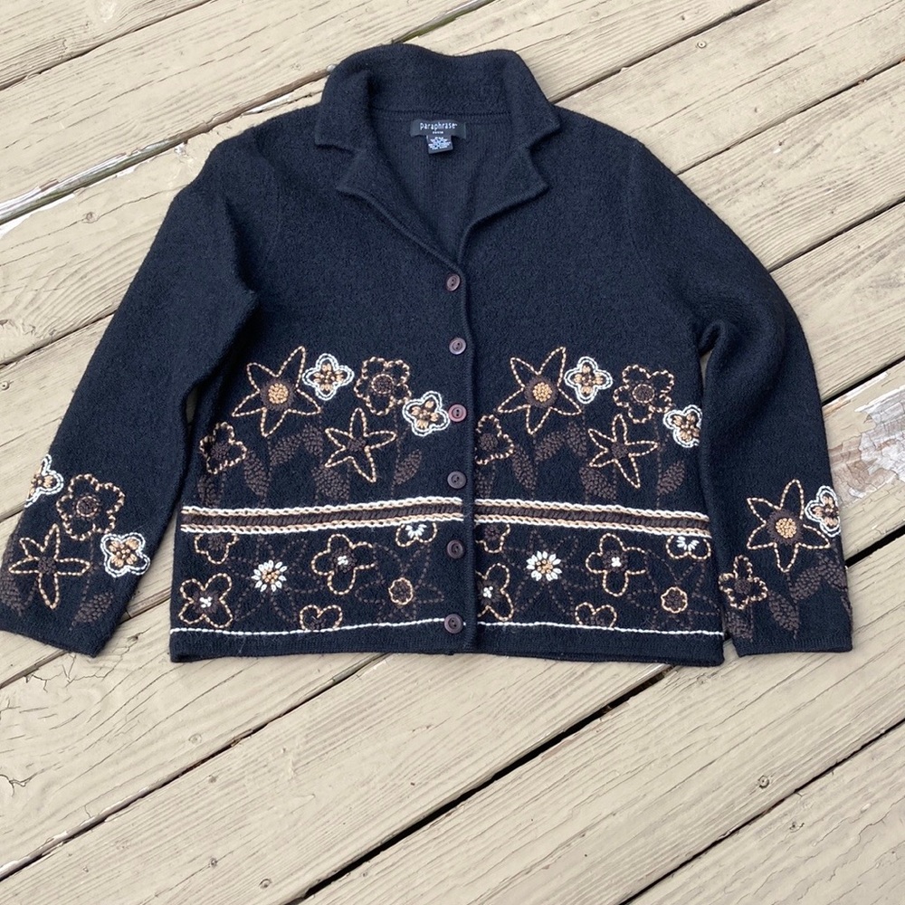 SWEATER PARAPHRASE 100% Wool EUC PM BLACK WITH EMBROIDERED FLOWERS